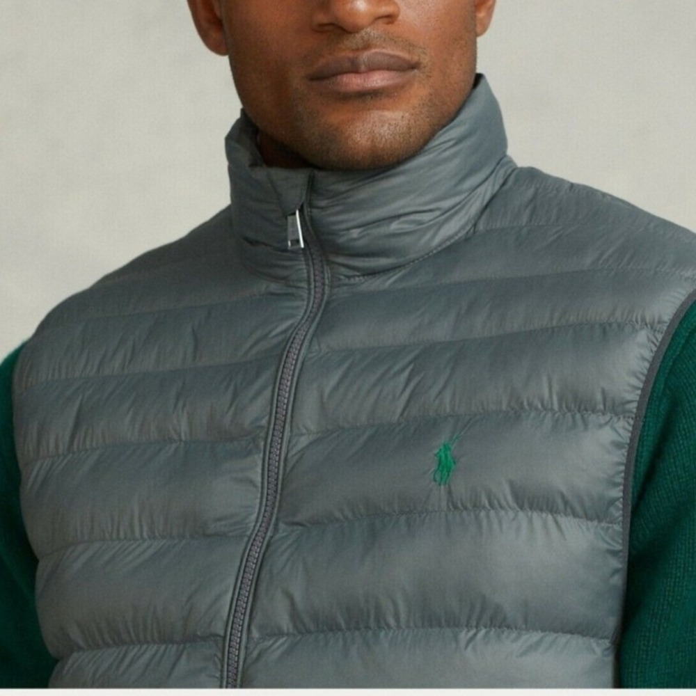 Polo Ralph Lauren Men XXL Gray Quilted Puffer Vest Full Zip Mock Neck Pony Logo‎